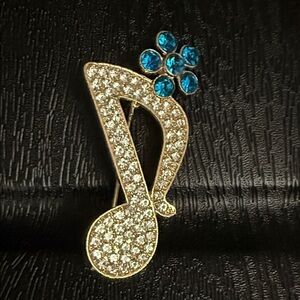 Gold and Blue Crystal Music Note Brooch